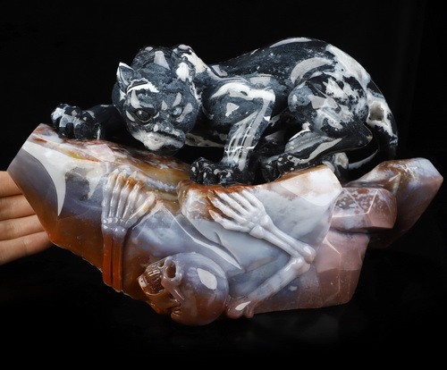 Sept 8, 2026 ACSAD (A Crystal Skull a Day) - The Grasp and the Gaze - 10.4" Black Zebra Agate Hand Carved Leopard & Crystal Skull Fine Art Sculpture, Crystal Healing