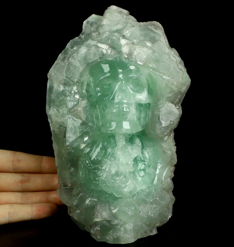 6.8" Fluorite Hand Carved Crystal Skull Fine Art Sculpture with Led Stand, Crystal Healing
