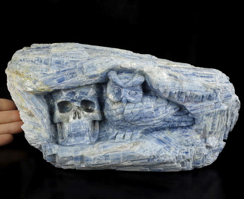 9.4" Kyanite Hand Carved Crystal Skull and Owl Sculpture, Crystal Healing