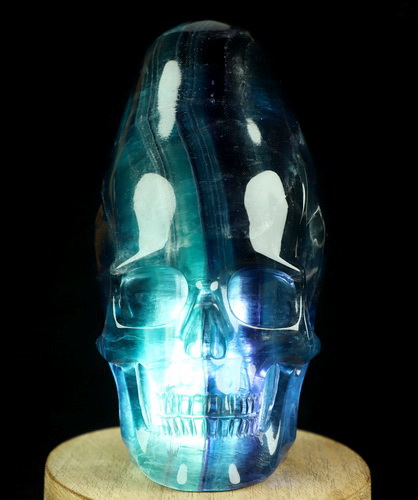 4.8" Hollow Fluorite Hand Carved Incan Crystal Skull Lamp Sculpture With Stand, Crystal Healing