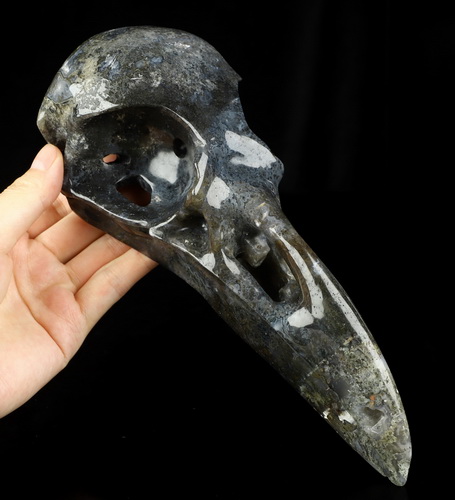 8.9" Green Moss Agate Hand Carved Raven Crystal Skull Sculpture, Crystal Healing