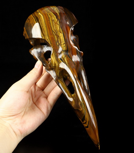 8.9" Tiger Iron Eye Hand Carved Raven Crystal Skull Sculpture, Crystal Healing