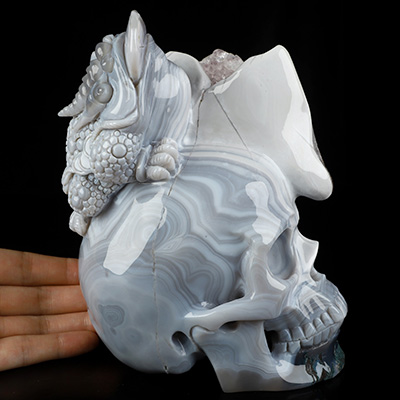 6.7" Agate Amethyst Geode Hand Carved Crystal Skull and Toad Fine Art Sculpture, Crystal Healing