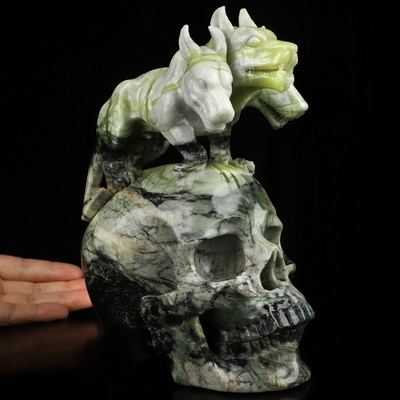 July 13, 2026 ACSAD (A Crystal Skull a Day) - The Gates of Hades - 7.8" Carved Chinese Picasso Jasper Cerberus Crystal Skull Fine Art Sculpture, Crystal Healing