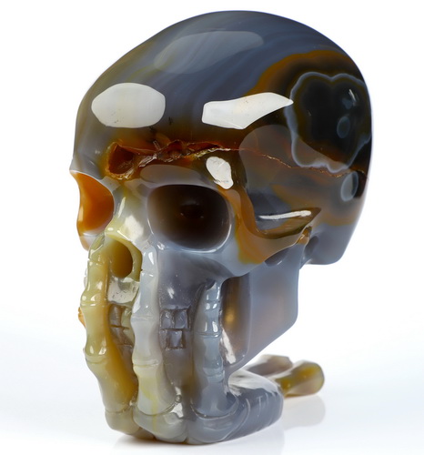The Thinker---4.0" Premium Brazilian Agate Hand Carved Crystal Skull & Skeletal Hand Sculpture, Crystal Healing