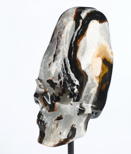 4.4" Black Zebra Agate Hand Carved Incan Crystal Skull Sculpture With Stand, Crystal Healing