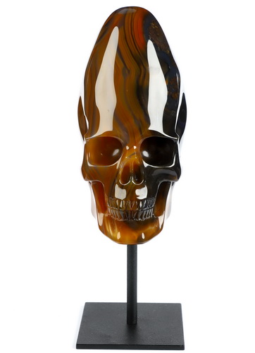 4.4" Premium Brazilian Agate Hand Carved Incan Crystal Skull Sculpture With Stand, Crystal Healing