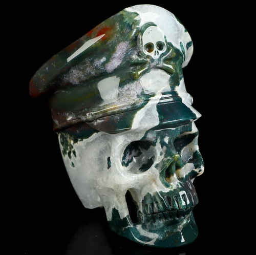 5.1" Green Moss Agate Hand Carved Crystal Skull and Navy Cap Fine Art Sculpture, Crystal Healing