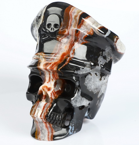 5.1" Black Zebra Agate Hand Carved Crystal Skull and Navy Cap Fine Art Sculpture, Crystal Healing