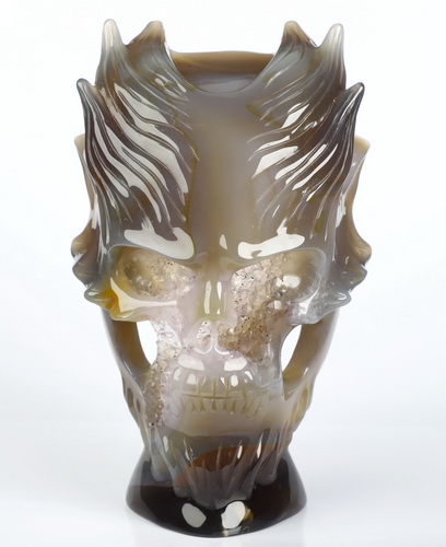 6.4" Premium Brazilian Agate Hand Carved Countenance Crystal Skull Mask Sculpture, Crystal Healing