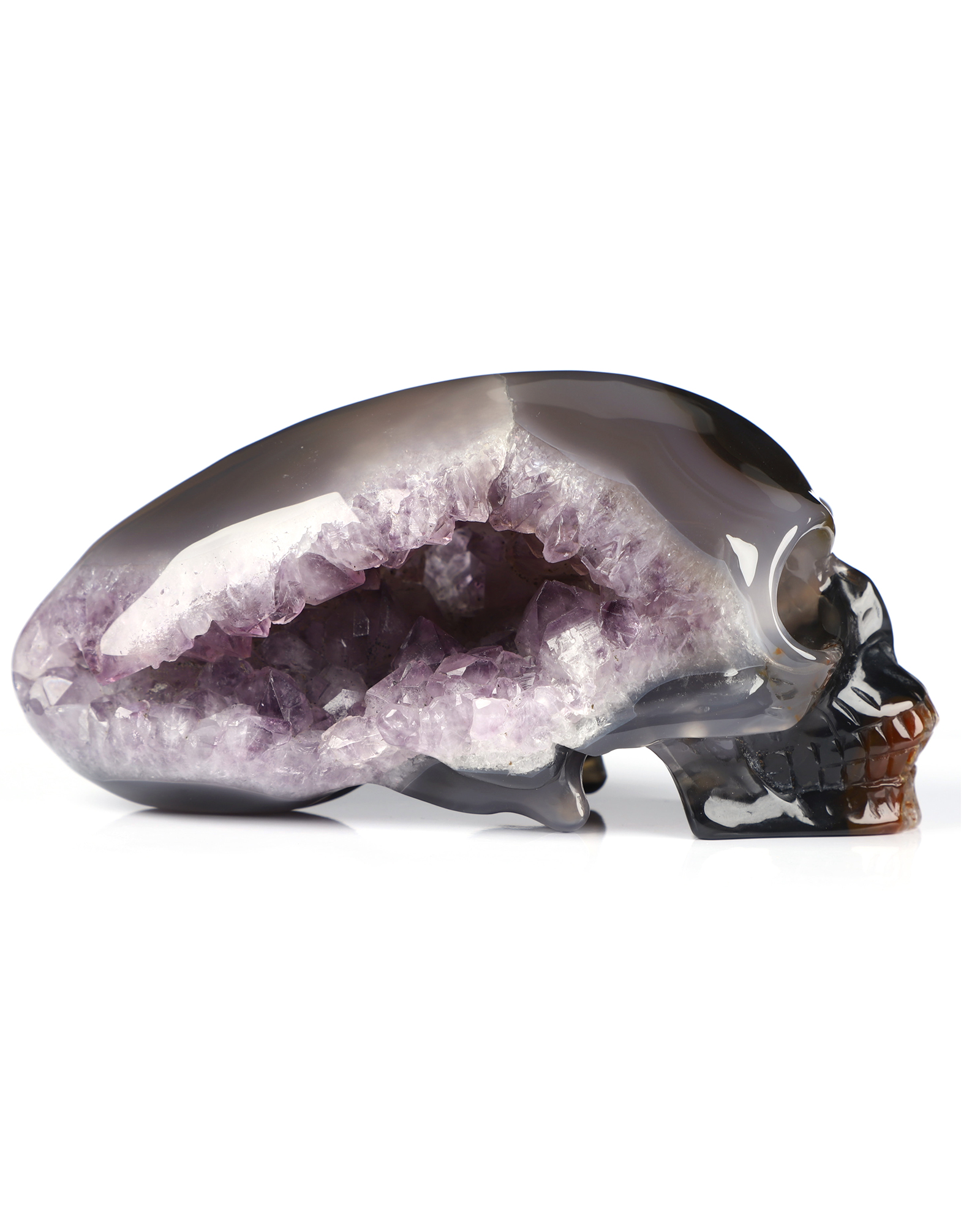 4.8" Agate Amethyst Geode Hand Carved Crystal Elongated Mayan Alien Skull Sculpture, Crystal Healing