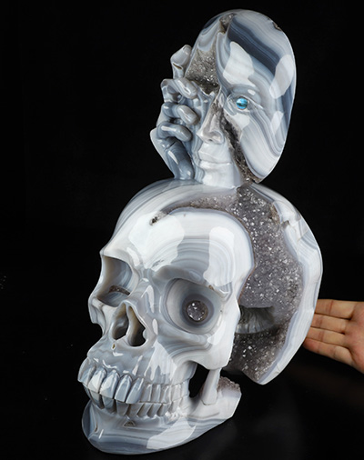 Aug 2, 2026 ACSAD (A Crystal Skull a Day) - Gaze from the Abyss - 14.2" Carved Agate Amethyst Geode Half-face With A Labradorite eye on Crystal Skull Fine Art Sculpture, Crystal Healing