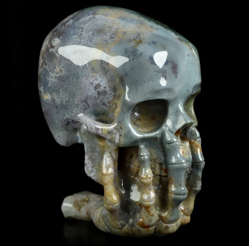 The Thinker---5.7" Green Moss Agate Hand Carved Crystal Skull & Skeletal Hand Sculpture, Crystal Healing