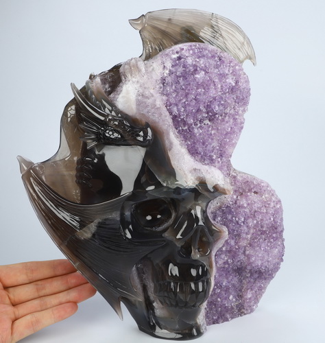 Sept 22, 2026 ACSAD (A Crystal Skull a Day) - Where Force Meets Silence - 10.7" Agate Amethyst Geode Hand Carved Dragon & Crystal Skull Fine Art Sculpture, Crystal Healing