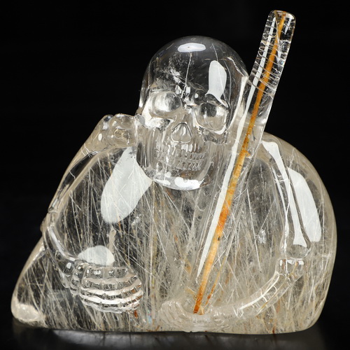 Sept 27, 2026 ACSAD (A Crystal Skull a Day) - The Last Pilgrim - Gemstone 4.5" Rutilated Quartz Rock Crystal Hand Carved Crystal Skull Fine Art Sculpture with Red Rutile Staff, Crystal Healing