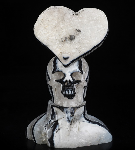 5.9" Black Zebra Agate Hand Carved Crystal Skull Fine Art Sculpture, Crystal Healing
