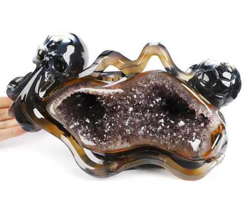 July 18, 2026 ACSAD (A Crystal Skull a Day) - Perfect Prediction - 10.1" Agate Amethyst Geode Carved Octopus Crystal Skull Fine Art Sculpture, Crystal Healing