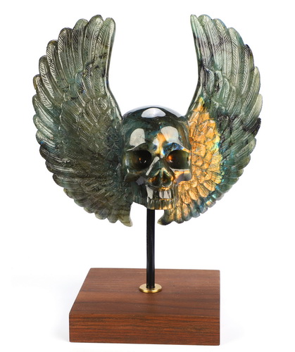 Sept 3, 2026 ACSAD (A Crystal Skull a Day) - Wings of Azrael - 6.6" Labradorite Hand Carved Wings Crystal Skull Sculpture, Crystal Healing