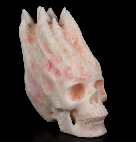 5.6" Pink Aragonite Hand Carved Flaming Crystal Skull, Crystal Healing