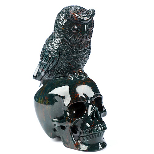 4.3" Bloodstone Hand Carved Crystal Skull and Owl Sculpture, Crystal Healing