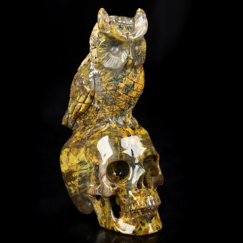 4.3" New Pietersite Hand Carved Crystal Skull and Owl Sculpture, Crystal Healing