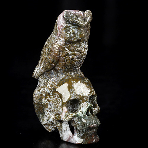4.3" Red Moss Agate Hand Carved Crystal Skull and Owl Sculpture, Crystal Healing