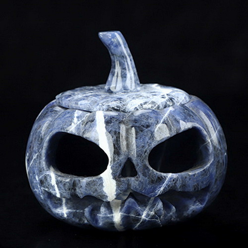 4.1" Sodalite Hand Carved Hollow Jack-O'-Lantern Pumpkin Crystal Skull Sculpture, Crystal Healing