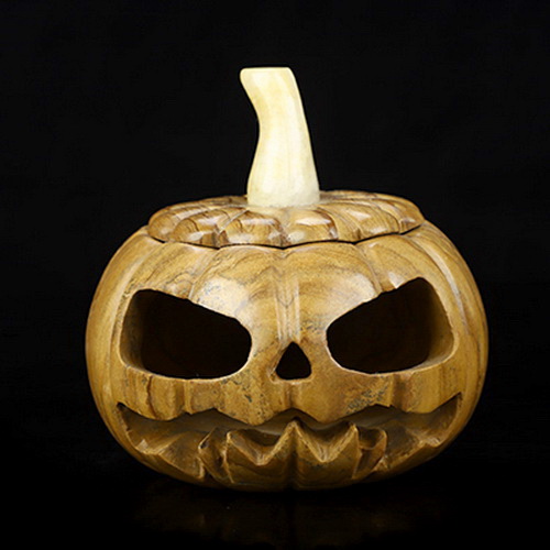 4.1" Picture Jasper Hand Carved Hollow Jack-O'-Lantern Pumpkin Crystal Skull Sculpture, Crystal Healing