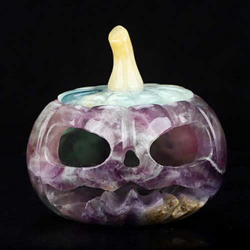 4.1" Fluorite Hand Carved Hollow Jack-O'-Lantern Pumpkin Crystal Skull Sculpture, Crystal Healing