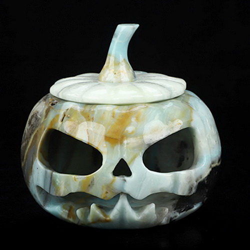 5.0" Chinese Amazonite Hand Carved Hollow Jack-O'-Lantern Pumpkin Crystal Skull Sculpture, Crystal Healing