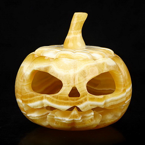 5.0" Beeswax Jade Hand Carved Hollow Jack-O'-Lantern Pumpkin Crystal Skull Sculpture, Crystal Healing