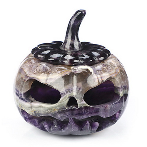 4.1" Fluorite Hand Carved Hollow Jack-O'-Lantern Pumpkin Crystal Skull Sculpture, Crystal Healing