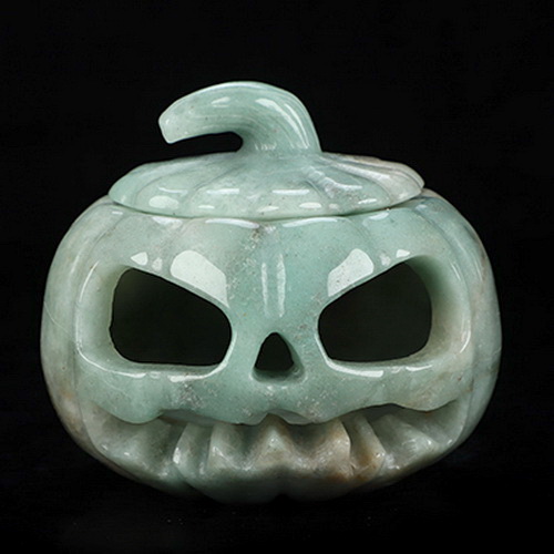4.0" Green Aventurine Hand Carved Hollow Jack-O'-Lantern Pumpkin Crystal Skull Sculpture, Crystal Healing