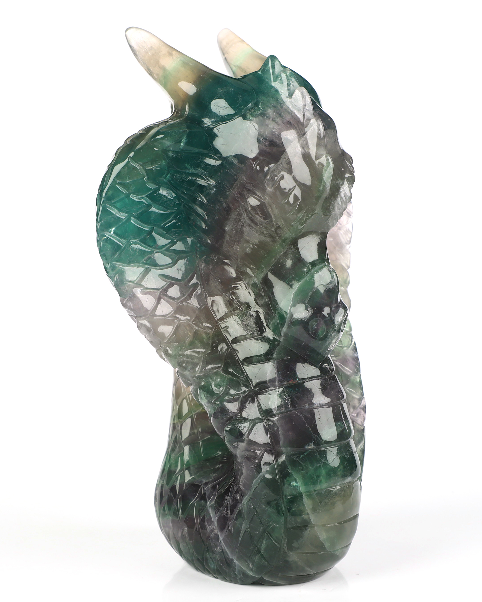 6.7" Fluorite Hand Carved Dragon Crystal Skull Fine Art Sculpture, Crystal Healing