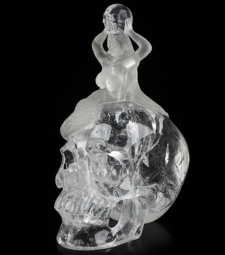 Siren’s Requiem - 7.1" Quartz Rock Crystal Hand Carved Mermaid & Dual Crystal Skull Fine Art Sculpture, Crystal Healing
