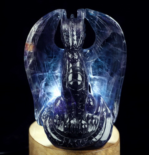 The Guardian Dragon - 4.9" Fluorite Hand Carved Crystal Dragon Fine Art Sculpture, Crystal Healing