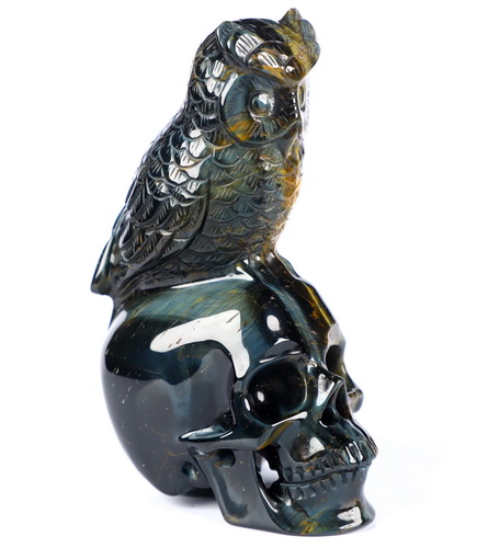 Gemstone 4.3" Blue & Gold Tiger's Eye Hand Carved Crystal Skull and Owl Sculpture, Crystal Healing