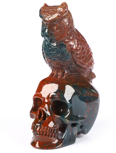 4.3" Bloodstone Hand Carved Crystal Skull and Owl Sculpture, Crystal Healing