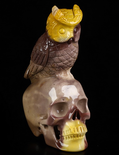4.3" Mookaite Jasper Hand Carved Crystal Skull and Owl Sculpture, Crystal Healing