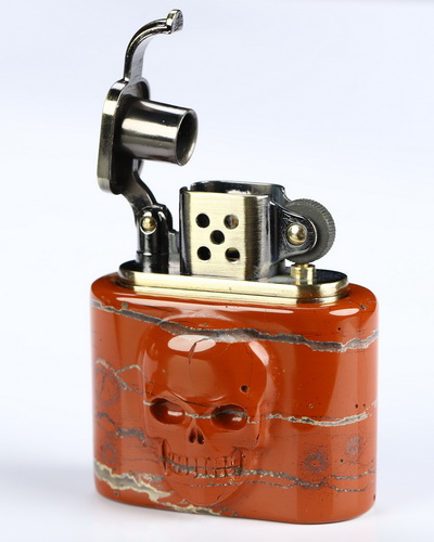 Bonefire - Red Jasper Hand-Carved Relief Crystal Skull Refillable Kerosene Novelty Pocket Lighter Accessory
