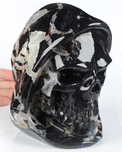 5.4" Black Zebra Agate Hand Carved Death Crystal Skull Sculpture, Crystal Healing