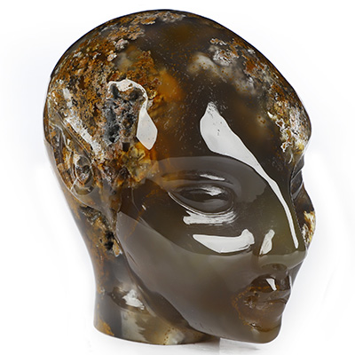 3.3" Moss Agate Hand Carved Fairy Elf Alien Crystal Skull Companion Sculpture, Crystal Healing