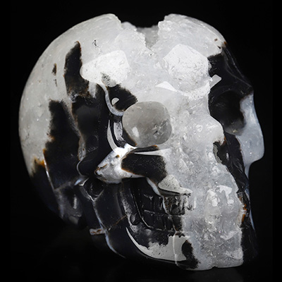 2.0" Black Zebra Agate Geode Hand Carved Crystal Skull, Realistic, Crystal Healing