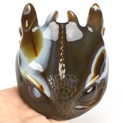 5.0" Premium Brazilian Agate Hand Carved Crystal Toothless Dragon Head Fine Art Sculpture, Crystal Healing