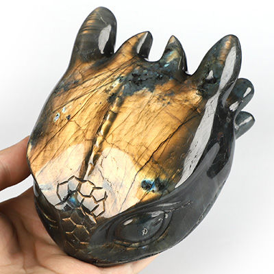 5.0" Flash Labradorite Hand Carved Crystal Toothless Dragon Head Fine Art Sculpture, Crystal Healing