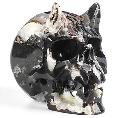Horned Beast Skull - 5.0" Black Zebra Agate Hand Carved Crystal Skull Fine Art Sculpture, Crystal Healing