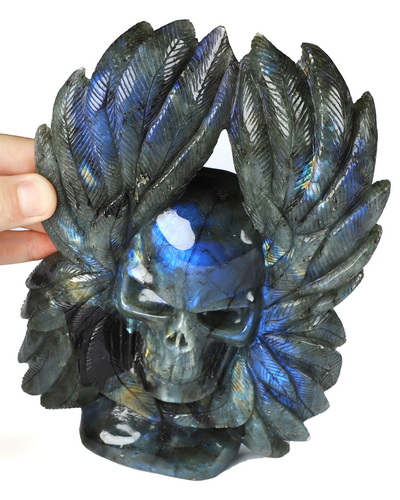 8.0" Labradorite Hand Carved Wings Crystal Skull Sculpture, Crystal Healing