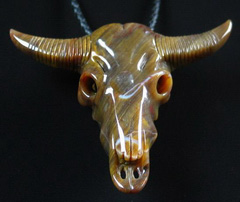 Unique, Petrified Wood Carved Bull Skull Pendant, Crystal