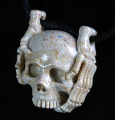 Coral Fossil Carved Skull with Bones Pendant, Gemstone