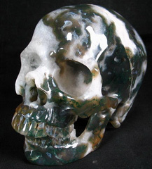 Translucent, Geode, Lifesized 7.0" Green Moss Agate Carved Crystal Skull, Super Realistic